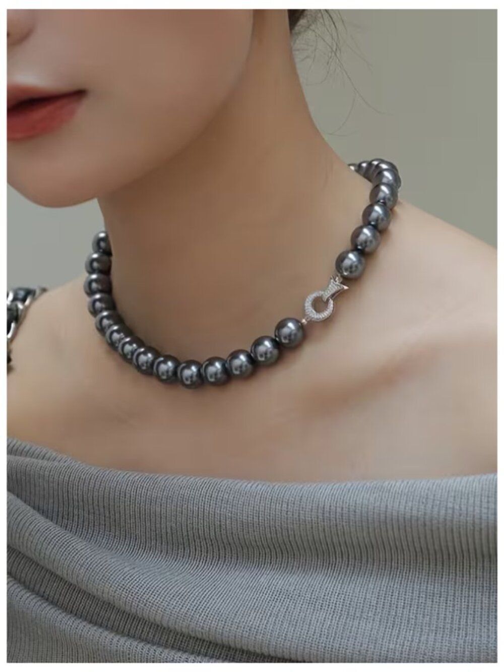 NWT 10mm Faux Black Pearl Choker Necklace Silver Plate Pave Horseshoe Clasp